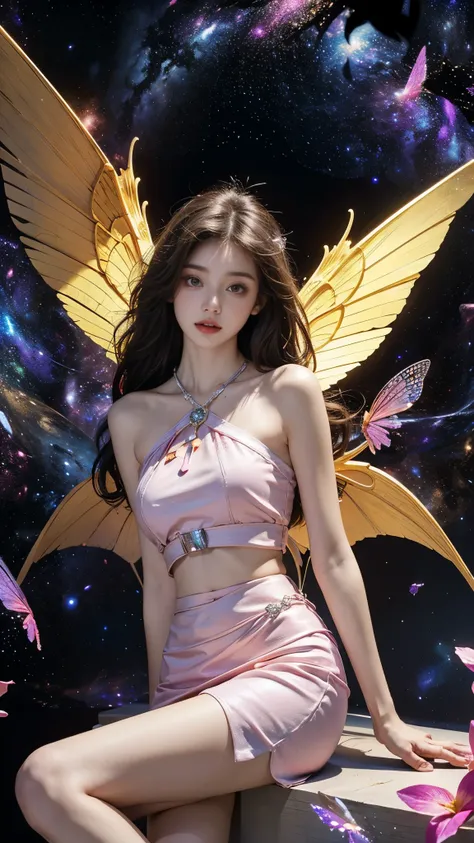 1girl，short skirt，Two piece fashionable outfit, Bare shoulders, short hemlines, 4k ultra hd, masterpiece, a girl, good face, detailed eyes, detailed lips, flower fairy girl, big wings, transparent wings, neon lights, (galaxy background:1.5), in the heaven,...