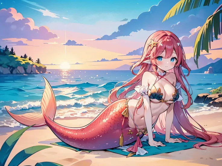 masterpiece, best quality,a girl,large breasts,hair accessories,mermaid,light red long hair,粉红色的mermaid尾巴,full-body shot,beach,s...