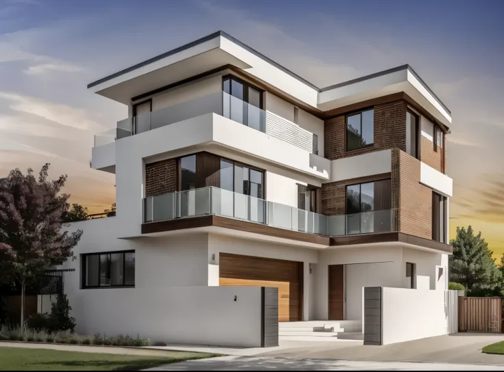 arafed maison moderne with a large balcony and a brick driveway, maison contemporaine, large modern residence, chef d'well designed work, vue de face, maison moderne, exterior wide angle 2023, architecture contemporaine, archaic, un plan lointain de fa...