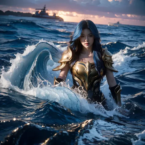 (8k RAW Photo, high detail, crisp detail, rich detail), vonzy, vonnyfelicia, blue haired, young sea goddess, creating big tidal wave in the middle of ocean, big breast, sexy golden armor,giant octopus behind,kraken,tidal wave background