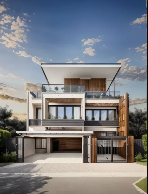 arafed maison moderne with a large balcony and a brick driveway, maison contemporaine, large modern residence, chef d'well designed work, vue de face, maison moderne, exterior wide angle 2023,HDRI AISD, architecture contemporaine, archaic, un plan loin...