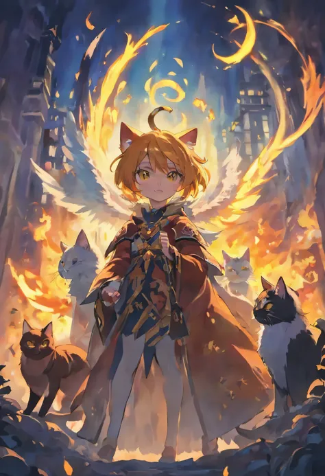 Fairy god, wings of fire, surrounded by demon cats, black and yellow fur cat, evil cat, Forrest