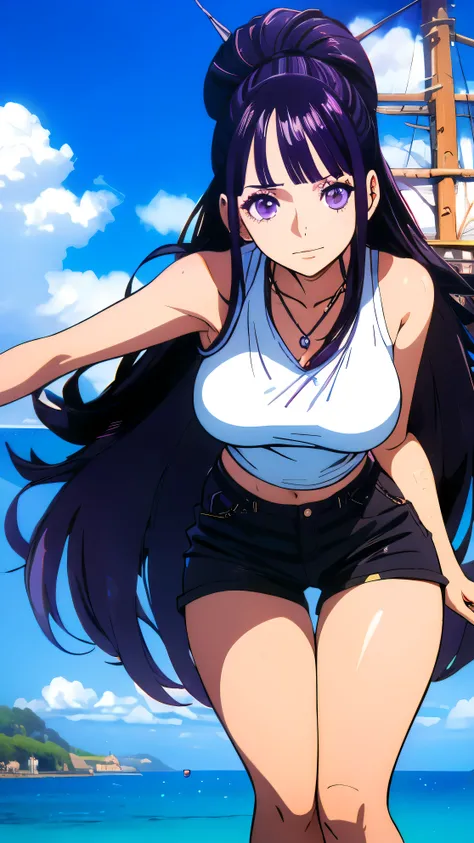 A young girl, long black wavy hair with purple highlights, Galactic purple eyes, bangs, light skin ,Correct eyes and long eyelashes, Top without stain and shorts ,36dd breasts , Upper body view ,8k quality One piece style,Ocean and ship view