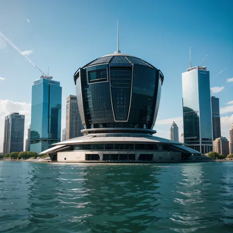 Futuristic building on a body of water