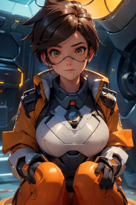 1girl, squatting pose, in a high tech aircraft hangar, tracerover, 25 years old, brown hair, spiked hair, short hair, jacket, bodysuit, goggles, orange goggles, ((detailed)), ((best quality)), ((masterpiece)), extremely detailed CG unity 8k wallpaper, 32k,...