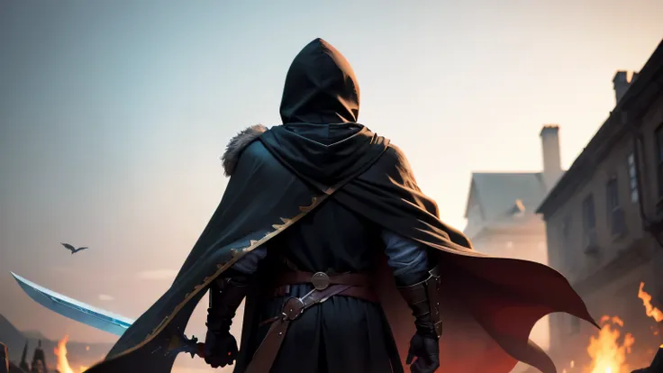 generate a man wearing black hood and cape holding a sword just standing, tranparent backround
back view and whole character vie...