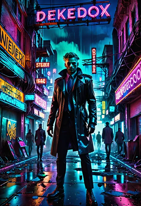 A dystopian future, Futuristic Urban Decay. People scattered everywhere, Including businessmen and the underworld. Neon lights illuminate the streets, High resolution, Extremely detailed, (Practical, HDR, Ultra HD, Studio Lighting, Super Fine, Clear focus,...