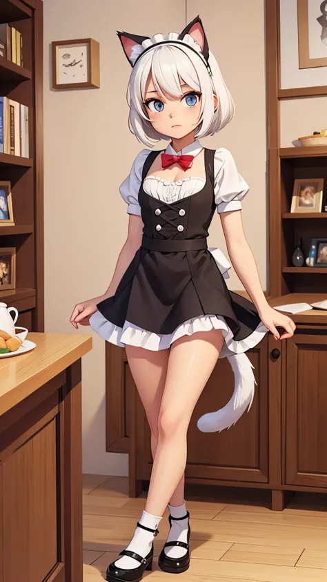 1girl, ebenya, looking at viewer, white hair, neko, cat ears, cat tail, open clothes, (maid, maid uniform), thin body, flat chest, sensual pose, Russian city, ba-shiroko, comics, fantasia, sfw, marvel e DC