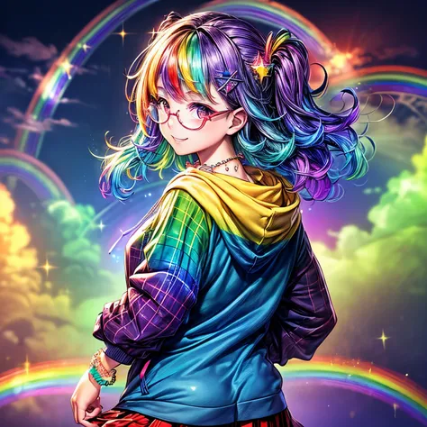 ((worst quality, low-quality)), masutepiece, Best Quality, ultra-detailliert,​ masterpiece, (Background of a big rainbow in the blue sky), (close-up: 1.3), (face focus: 1.4), (gals:1.2), ((big breasts)), (((Looking back))), (cute Pose:1.2),(Uniform: 1.2), ...