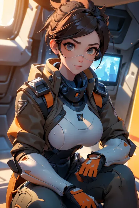 1girl, squatting pose, in a high tech aircraft hangar, tracerover, 25 years old, brown hair, spiked hair, short hair, jacket, bodysuit, orange goggles, ((detailed)), ((best quality)), ((masterpiece)), extremely detailed CG unity 8k wallpaper, 32k, focus sh...