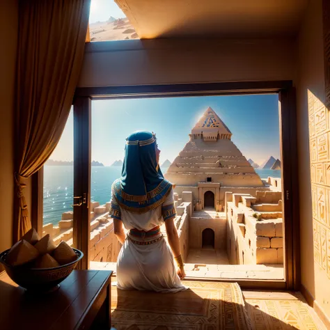 A beautiful Woman looks in amazement from inside the Pyramid (home) at the beautiful exterior landscape of Egypt. Ancient Egyptian civilization, wide shot, the Nile River, new pyramid, pyramid building, modern Egypt but 3500 BC The river extends to the hor...