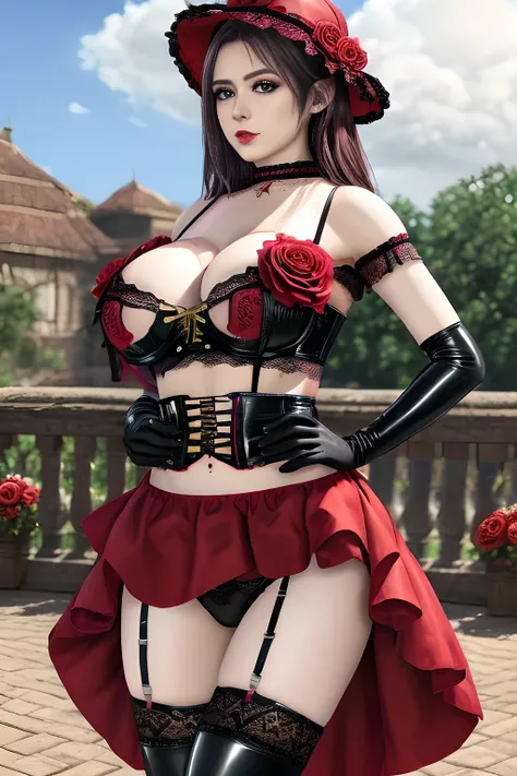 1 girl,BREAK (Royal:1.4), (red and black theme:1.5), ((red) bucket hat with rose corsage:1.4), (fusion of black high neck crop top and latex (red bustier):1.4), ((floral lace, see-through):1.3), ((sleeveless, bare shoulders):1.3), (red tiered skirt with bl...