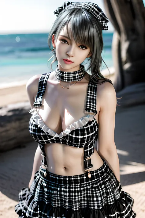 1girl, BREAK (black and white theme:1.4),  (sleeveless black and white [plaid pattern] sundress:1.4), (bare shoulders:1.3), (suspenders with frills:1.2), (tiered skirt with ruffles:1.3), (knit arm warmers:1.3),  , appealing cleavage,( beautiful tattoo:1.2)...