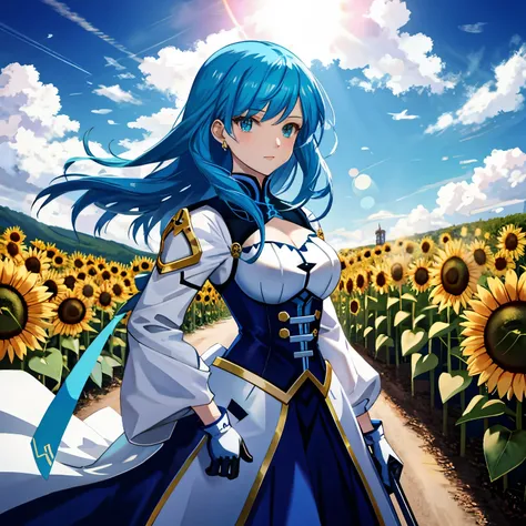 A blue-haired anime girl stands in a field of yellow flowers, probably sunflowers. She wears black clothes, a yellow ribbon, and white gloves, the same as her , and has her hands on her hips. Blue flowers can be seen in her hair, and around her is a sea of...