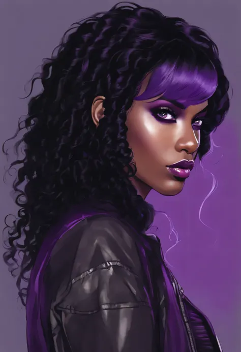 A dark-skinned, purple-haired young woman with the power of sound waves, Longue coiffure punk, veste noire, Grandir, Presque adulte, Echiro Odas Art Style, One-piece style, Regard intense, intimidadora, Yeux violets et s