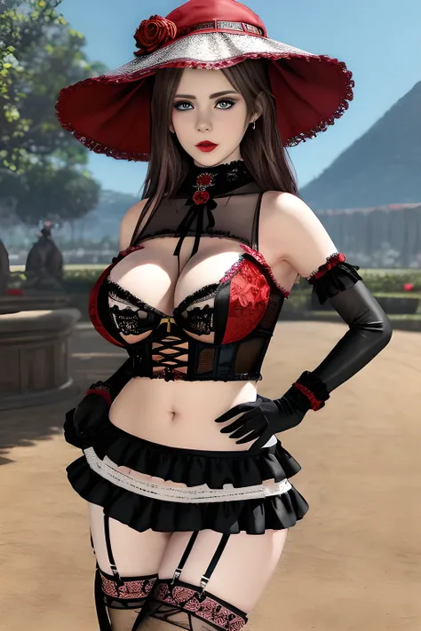 1 girl,BREAK (Royal:1.4), (red and black theme:1.5), ((red) bucket hat with rose corsage:1.4), (fusion of black high neck crop top and latex (red bustier):1.4), ((floral lace, see-through):1.3), ((sleeveless, bare shoulders):1.3), (red tiered skirt with bl...