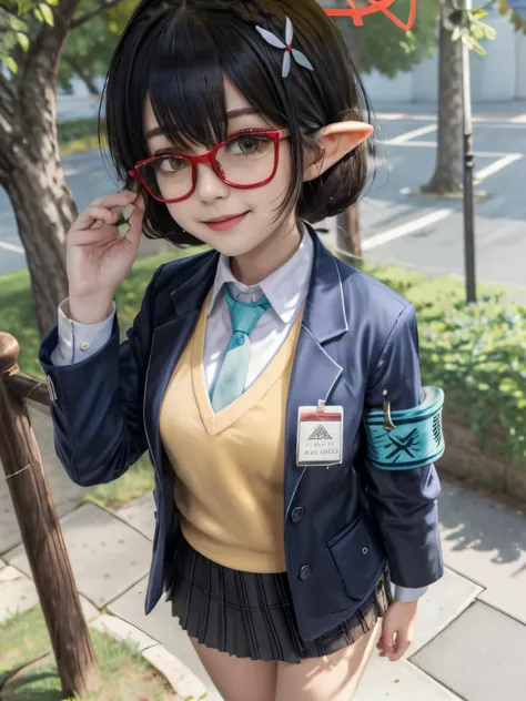 Masterpiece, hd, realistic, cosplayer, 1girl, ayane (blue archive),halo, glasses, solo, pointy ears, armband, necktie, simple background, jacket, hair ornament, smile, outdoor, short hair, id card, UNiform, looking at viewer, black hair, blue necktie, shir...