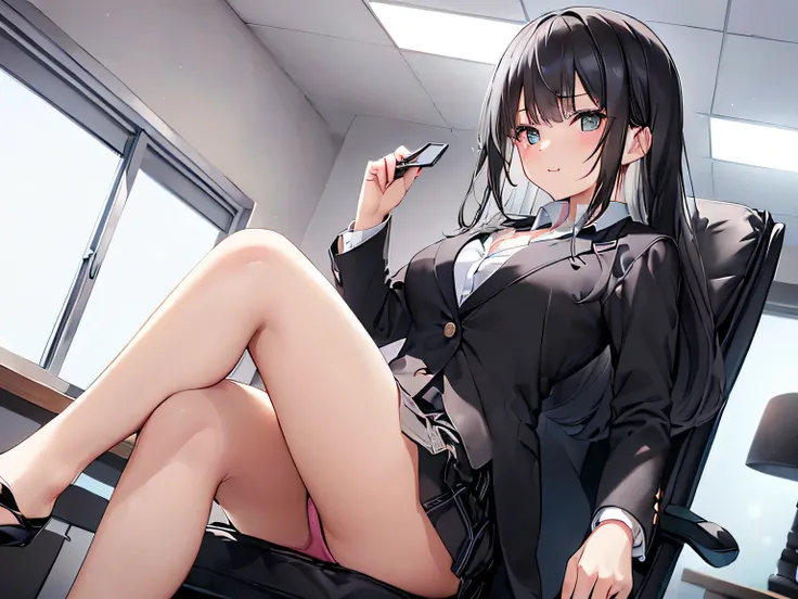 (Masterpiece, highest quality, high resolution, realistic photos, realistic looking skin:1.1),
(Woman sitting cross-legged in office chair in office:1.8),
(Her skirt is so short you can almost see her panties: 1.8),
(She looks happy:1.5),
(She is wearing a...