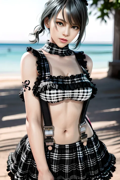 1girl, break (black and white theme:1.4),  (sleeveless black and white [plaid pattern] sundress:1.4), (bare shoulders:1.3), (sus...