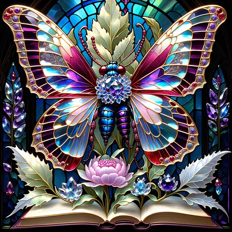 triadic colors, cinematic, official art, close fairytale transparent glass moth ruby peony flowers, ice hoarfrost, baroque, Craola, highly detailed stained glass wings, amethyst crystals, labradorite iridescent crystals, Andy Kehoe, John Blanche, complex h...