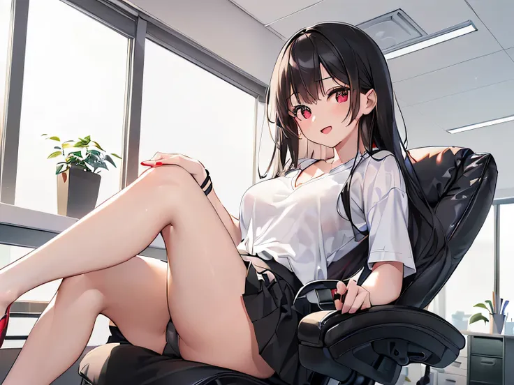 (Masterpiece, highest quality, high resolution, realistic photos, realistic looking skin:1.1),
(Woman sitting cross-legged in office chair in office:1.8),
(Her skirt is so short you can almost see her panties: 1.8),
(She looks happy:1.5),
(She is wearing a...