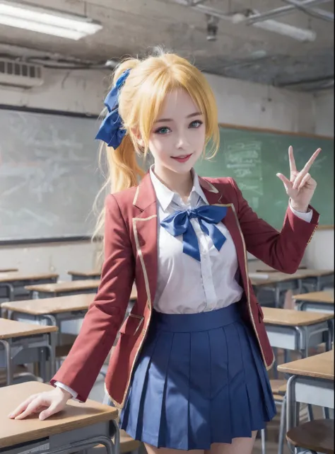 Masterpiece, hd, 1girl, realistic, cosplayer, yellow hair, blue eyes, ponytail, bangs, blue hair ribbon, ayanokoji, , red blazer, white collared shirt, blue bowtie,blue skirt standing, indoor, smile, classroom