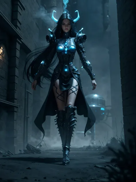 full body fantasy image medieval viking goddess controlling a complicated extraterrestrial alien machine long black hair blue eyes white skin tall graceful long legs pipes gears smoke steam 3d elaborate apro details twilight foreboding gloomy futuristic