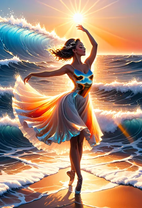(Dancers on the Sea Surface:1.2), with graceful arms outstretched and twirling shiny_white_skirt, graces on the Golden_Sea Surface in a breathtaking ultravarium realism , full body panorama, the sunset, bathed in (hues_orange and hue_red)light , sun casts ...
