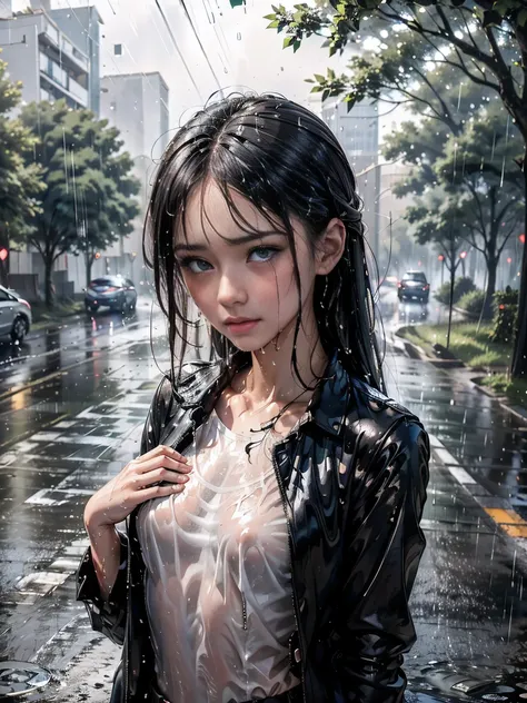 a beautiful girl crying in the countryside road, rainy, trees around the road, standing, wet shirt, long hair, black hair, ((small breasts))