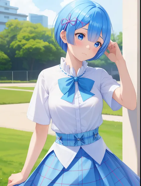 1girl, rem re zero,Short hair,,blue hair, blue eyes,,White shirt, short sleeve shirt, blue plaid skirt, blue bow tie,half body photo,ultra detail, ultra hd,Facing right, camera angle from the side,Sad expression, looking away, looking away