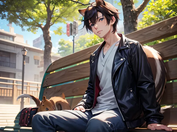 anime boy sitting on a bench with squirrel tail, anime boy with squirrel ears, young anime man, kawacy, realistic anime artstyle, handsome anime pose, tall anime guy with blue eyes, realistic anime 3 d style, anime handsome man, anime style 4 k, male anime...