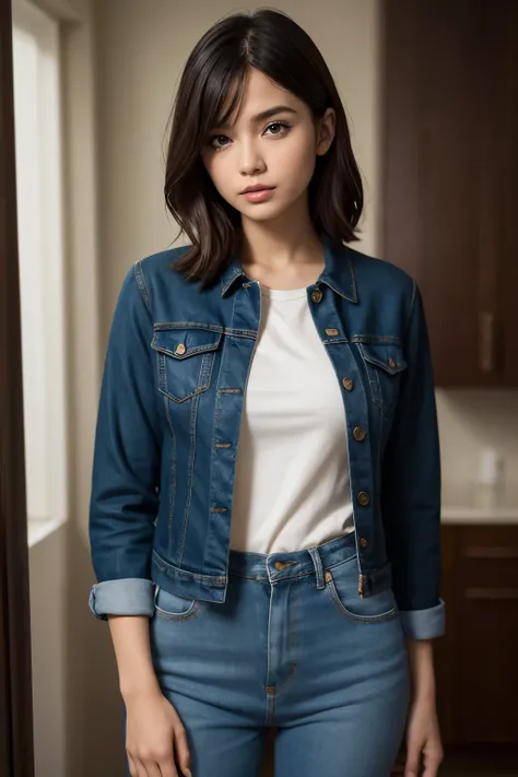 cinematic film still adult beautiful woman, facing, looking at viewer, denim casual, cowboy shot, makeup,standing, bangs, best quality, high quality, high detail, 8k resolution dim lighting, rim lighting . shallow depth of field, vignette, highly detailed,...