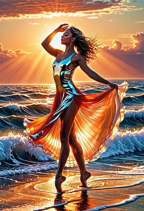 (Dancers on the Sea Surface:1.2), with graceful arms outstretched and twirling shiny_white_skirt, graces on the Golden_Sea Surface in a breathtaking ultravarium realism , full body panorama, the sunset, bathed in (hues_orange and hue_red)light , sun casts ...