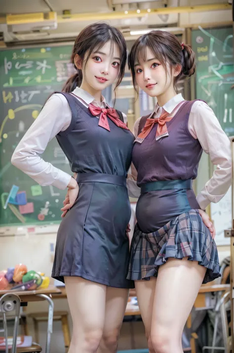 Girls standing in a school classroom,Jumper dress style with flared skirt,Red bow tie,18-year-old,bangs,Smile a little,Thighs,knees,Shortcuts,Low Ponytail,From below、Are pregnant、Salmon pink hair、Pregnant women