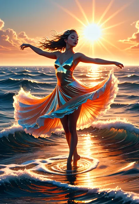 (dancers on the sea surface:1.2), with graceful arms outstretched and twirling shiny_white_skirt, graces on the golden_sea surfa...