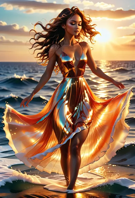 (Dancers on the Sea Surface:1.2), with graceful arms outstretched and twirling shiny_white_skirt, graces on the Golden_Sea Surface in a breathtaking ultravarium realism , full body panorama, the sunset, bathed in (hues_orange and hue_red)light , sun casts ...