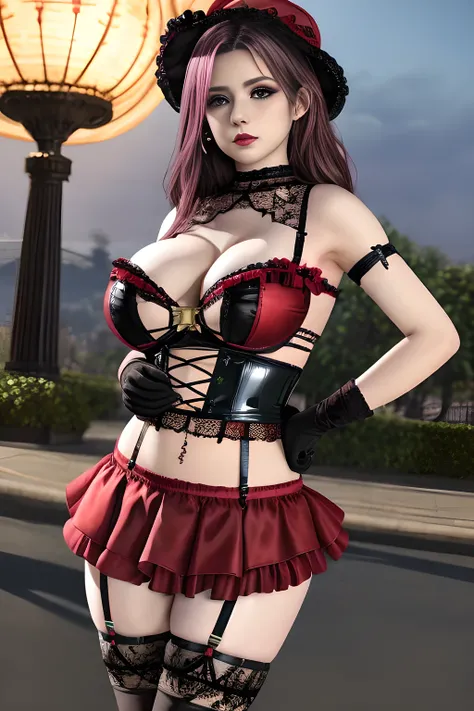 1 girl,BREAK (Royal:1.4), (red and black theme:1.5), ((red) bucket hat with rose corsage:1.4), (fusion of black high neck crop top and latex (red bustier):1.4), ((floral lace, see-through):1.3), ((sleeveless, bare shoulders):1.3), (red tiered skirt with bl...