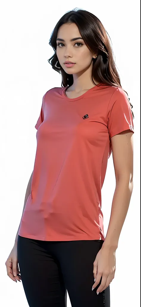 a woman wearing a rosa shirt and black pants, Manga curta, usando blusa com decote em V, coral vermelho, Camisa vermelha, rosa, vestindo uma camiseta laranja, vestindo uma camiseta, vestindo uma camiseta laranja, onyx, Chique, matiz, close da parte superio...