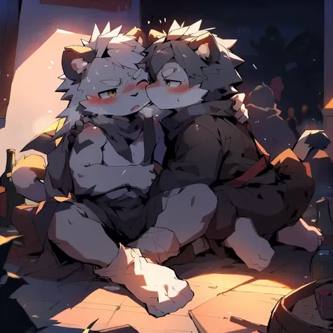 room background,gray male white tiger,tough expression,long hair,gray scarf,Ninja,sweating,semen,drunken state,Active,naked,thigh belt,shota,kiss,Close your eyes,Rough breath,penis,sitting,Spread your legs,white socks,naked,Hug,hug