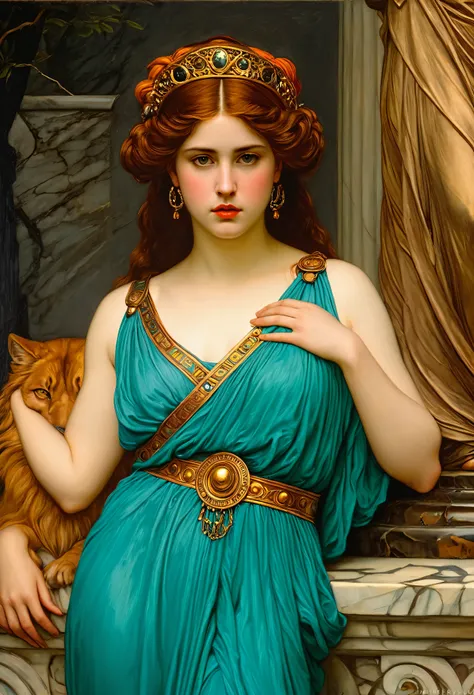 Create an oil painting portrait of the Greek mythological goddess "Circe" in the style of three different renowned artists: Peter Paul Rubens, John William Godward, and John William Waterhouse.

In the style of Peter Paul Rubens:
Capture Circe using vibran...