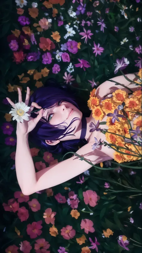 A girl is lying on the grass on the ground, her hand holding a flower on her forehead