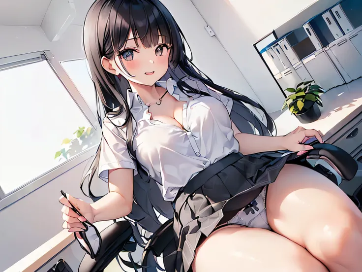 (Masterpiece, highest quality, high resolution, realistic photos, realistic looking skin:1.1),
(Woman sitting cross-legged in office chair in office:1.8),
(Her skirt is so short you can almost see her panties: 1.8),
(She looks happy:1.5),
(She is wearing a...