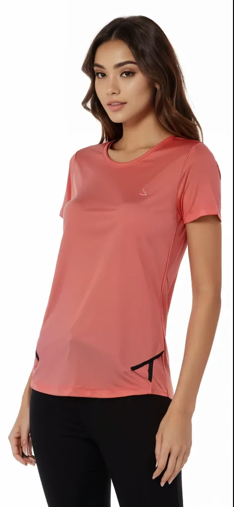 a woman wearing a rosa shirt and black pants, Manga curta, usando blusa com decote em V, coral vermelho, Camisa vermelha, rosa, vestindo uma camiseta laranja, vestindo uma camiseta, vestindo uma camiseta laranja, onyx, Chique, matiz, close da parte superio...