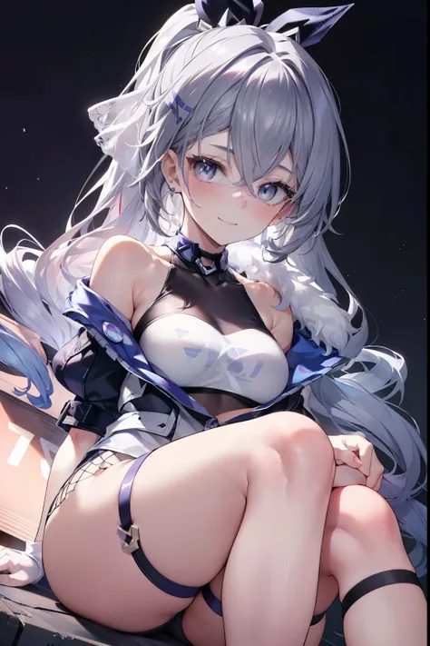 silverwolf、blush,smile、Combat Uniform、Show me your armpits、Shoulder Bare、The clavicle is visible、Sexy thighs、Beautiful feet、Usual hairstyle、highest quality, High resolution, unity 8k wallpaper, (shape:0.8), (Beautiful and beautiful eyes:1.6), Highly detail...