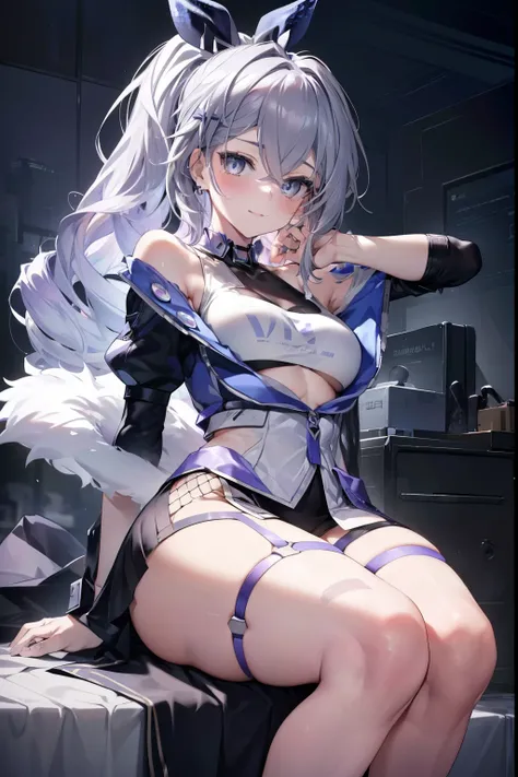 silverwolf、blush,smile、Combat Uniform、Show me your armpits、Shoulder Bare、The clavicle is visible、Sexy thighs、Beautiful feet、Usual hairstyle、highest quality, High resolution, unity 8k wallpaper, (shape:0.8), (Beautiful and beautiful eyes:1.6), Highly detail...