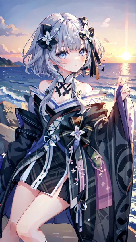 vestianewyr, hair bow, hair flower, japanese clothes, black kimono, off shoulder, looking at viewer, at beach, sunset view