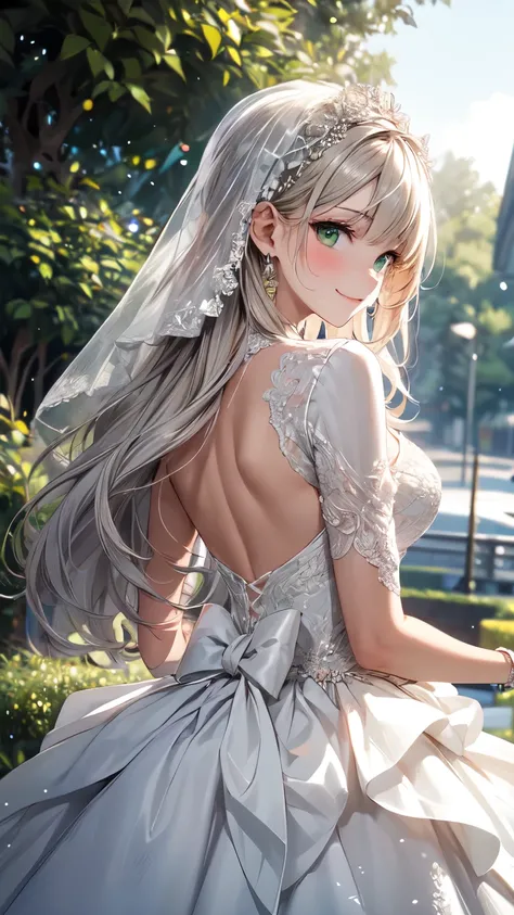 (masterpiece, highest quality, beautifully、aesthetic:1.3), Upper Body, Looking Back, View Viewer, One girl, alone, A light smile, (compensate, Long Hair, Light grey hair, Green Eyes:1.2), Ruani 0256, Bridal Veil, lace trim dress, See through, Wedding dress...