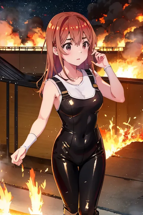 Sumi Sakurasawa、holding hundgun、at night、fence、1 girl、Black bodysuit、Infiltrate a military base、Tank Hangar、Military base exploding in flames、The building is on fire