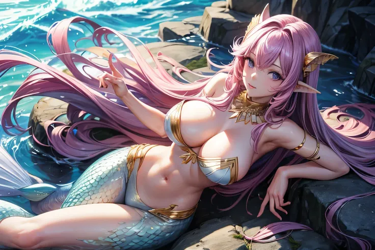 Best Quality, Masterpiece, Portrait, Perfect Anatomy, Femininity, Cool, Flawless, One Woman, Solo, Sexy, Stylish, Mature, Purple Eyes, Long Light Pink Hair, Big Breasts, Shells on Chest, Shell Beads, Mermaid, Purple rib tail, portrait, sexuality, long hair...