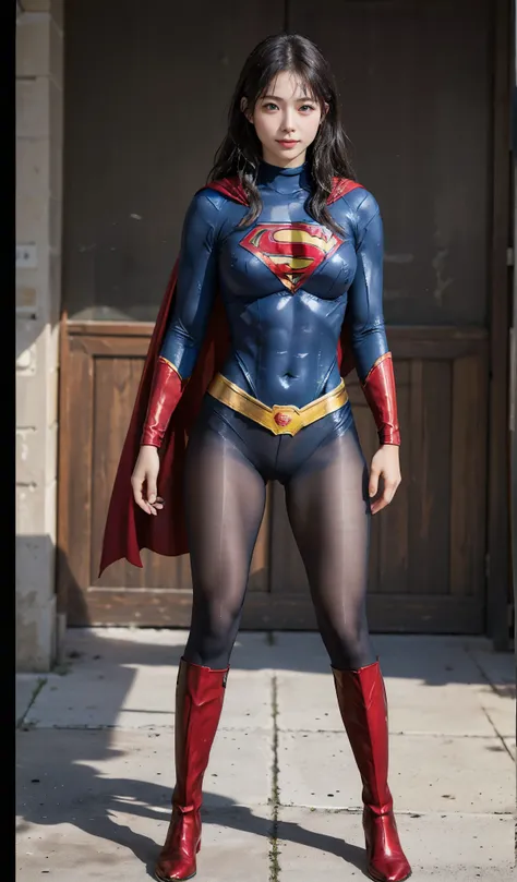No background、(((Beautiful legs in black tights.)))、(((Legally express the beauty of your smile)))、((((Make the most of your original images)))、(((Supergirl Costume)))、(((Beautiful Hair)))、(((suffering)))、(((Please wear black tights....、Wear red boots)))、(...